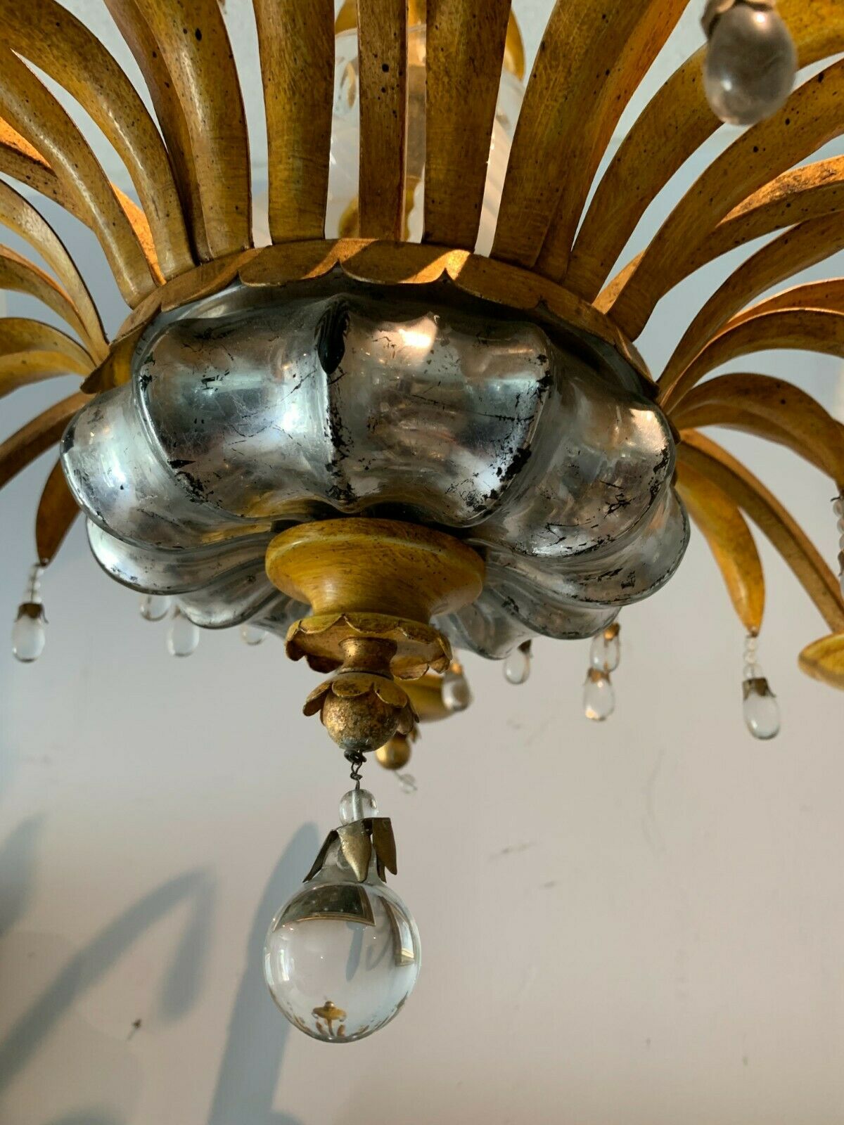 Glass chandelier and patinated sheet metal Six arms of light XX century