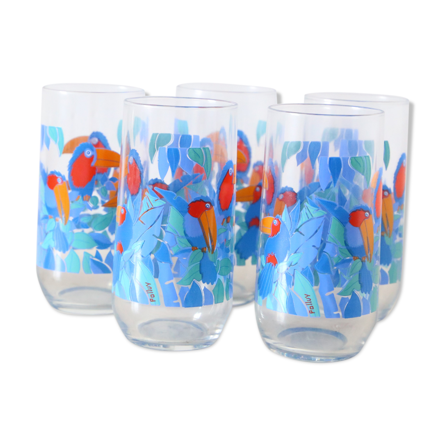 Set of 5 water glasses, bird decorations, 70s/80s, vintage