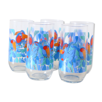 Set of 5 water glasses, bird decorations, 70s/80s, vintage