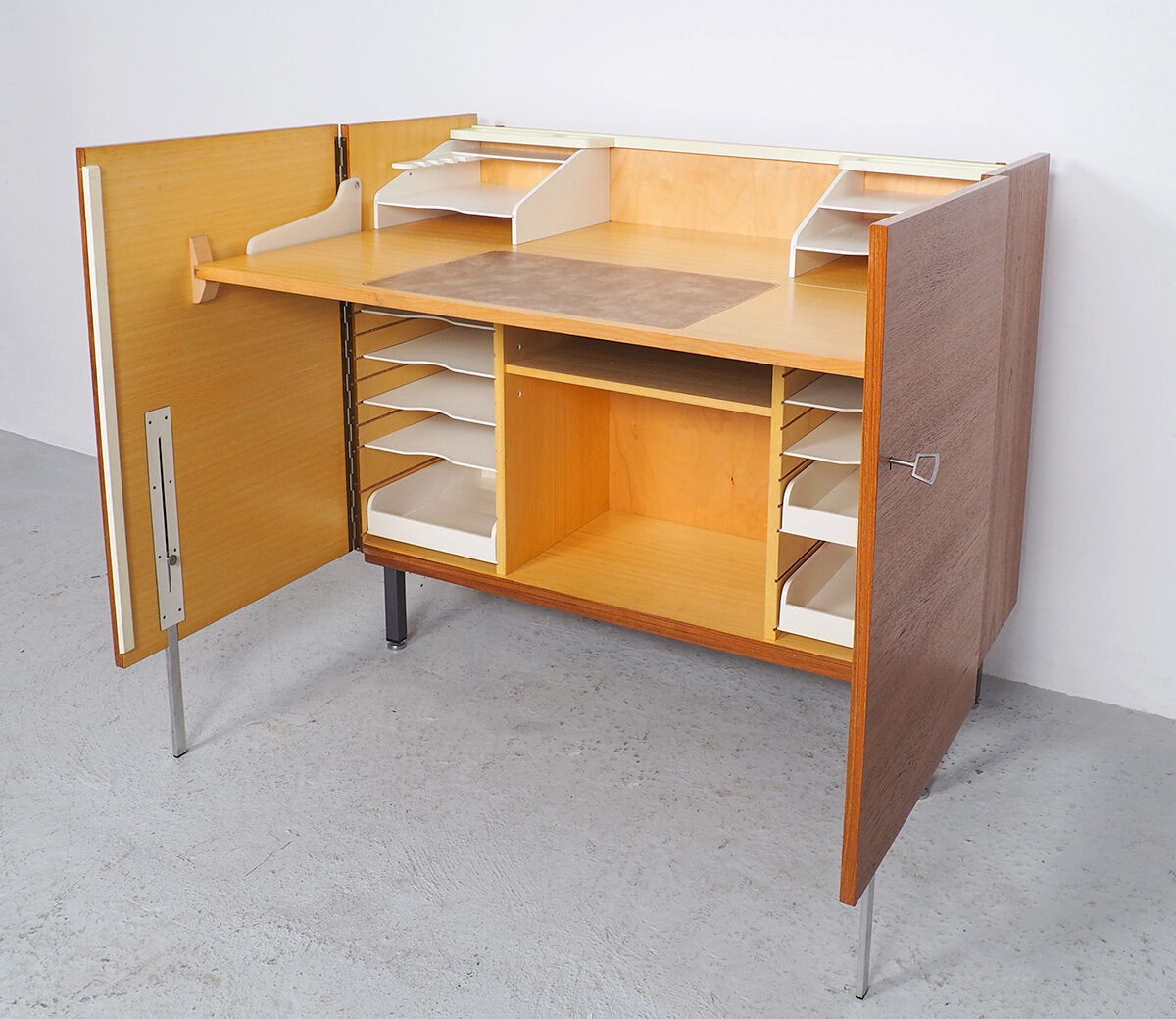 Vintage teak desk in cabinet, 1960s