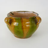 Glazed terracotta pot with 4 yellow and green handles. Flower pot
