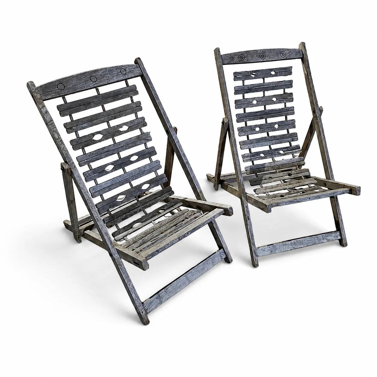 2 x weighty solid foldable wooden colonial deckchair / deck chair / 1960s