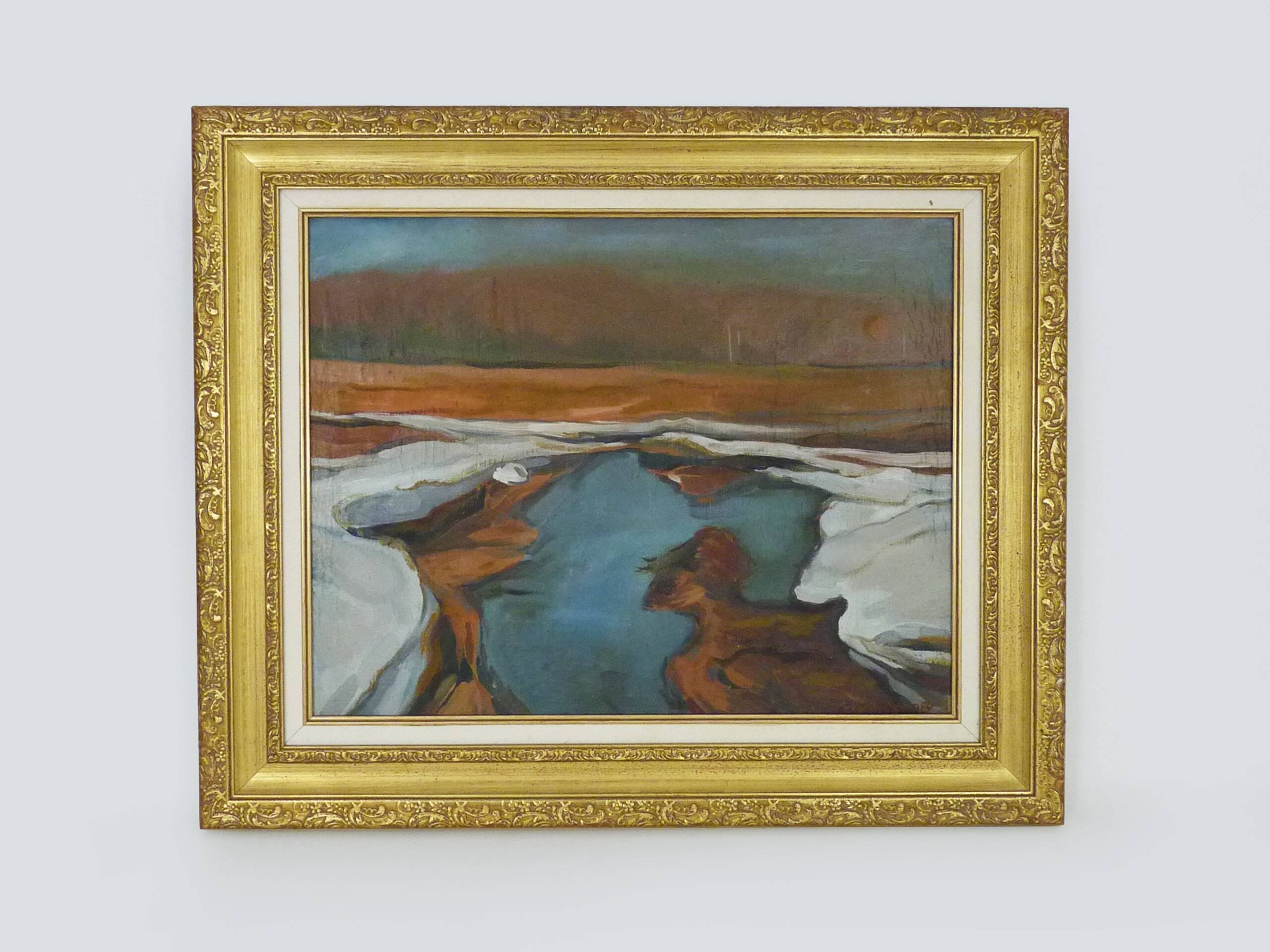 Abstract oil on canvas signed in its gilded wooden frame. 60s 70s