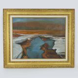 Abstract oil on canvas signed in its gilded wooden frame. 60s 70s
