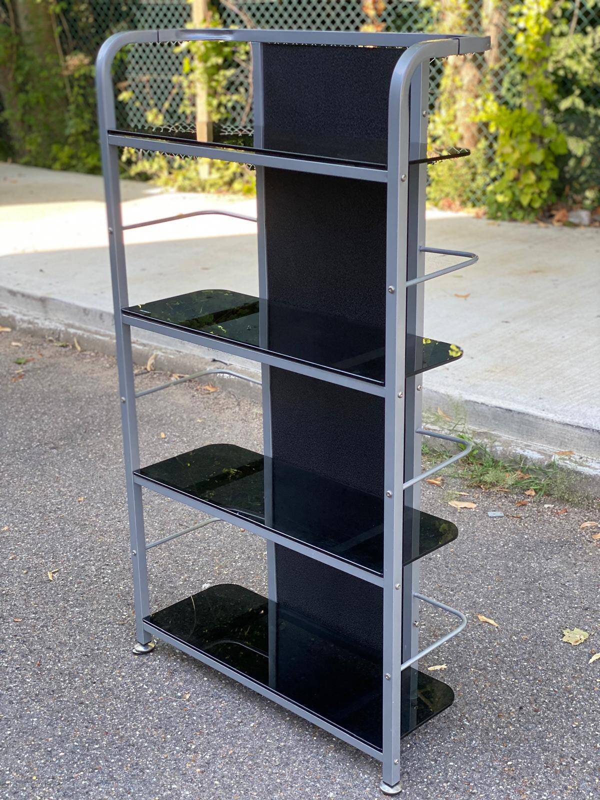 Vintage shelf in chrome metal and smoked glass 143cm