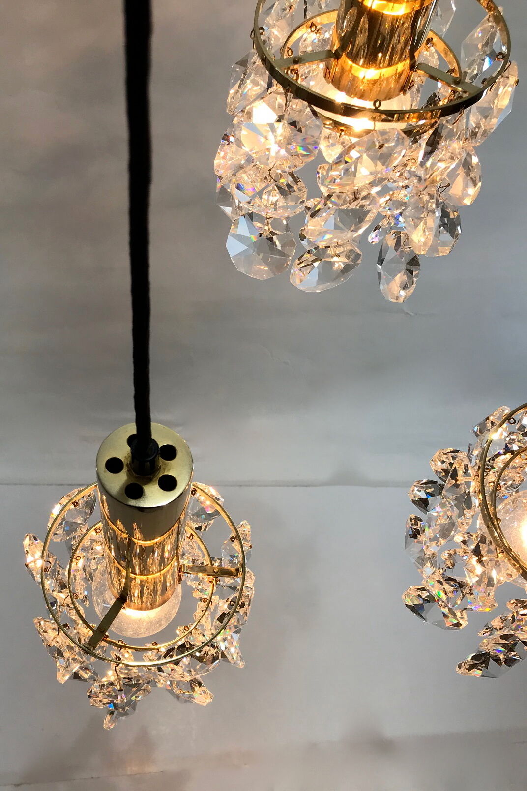 Palwa Golden brass and crystal chandelier, 1960 design