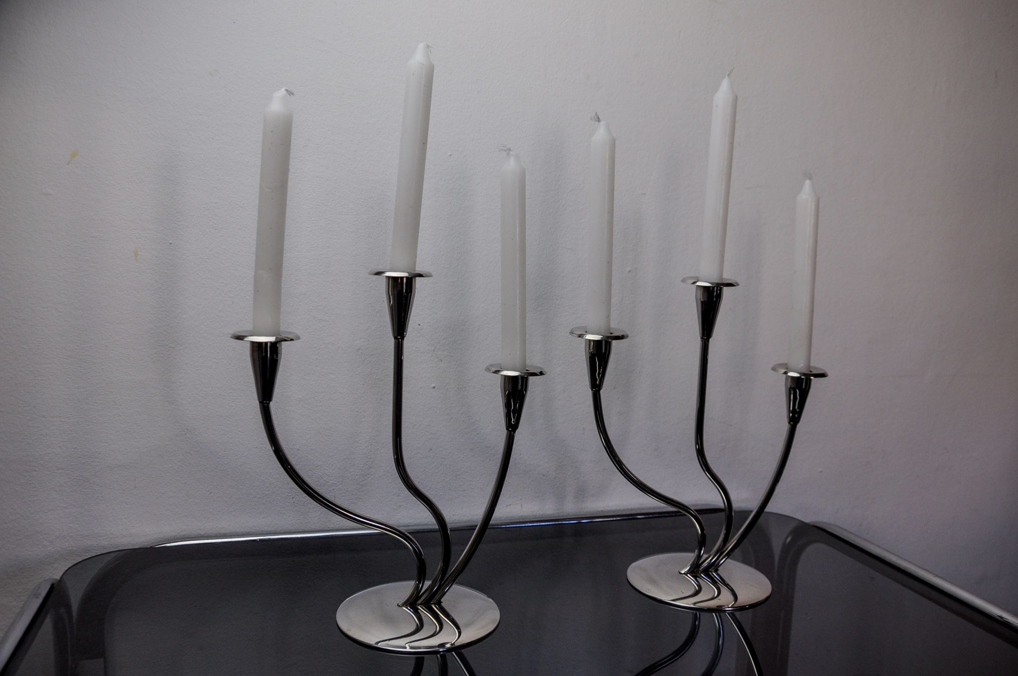 Pair of art deco candlesticks in stainless steel 3 flames, Spain, 1970
