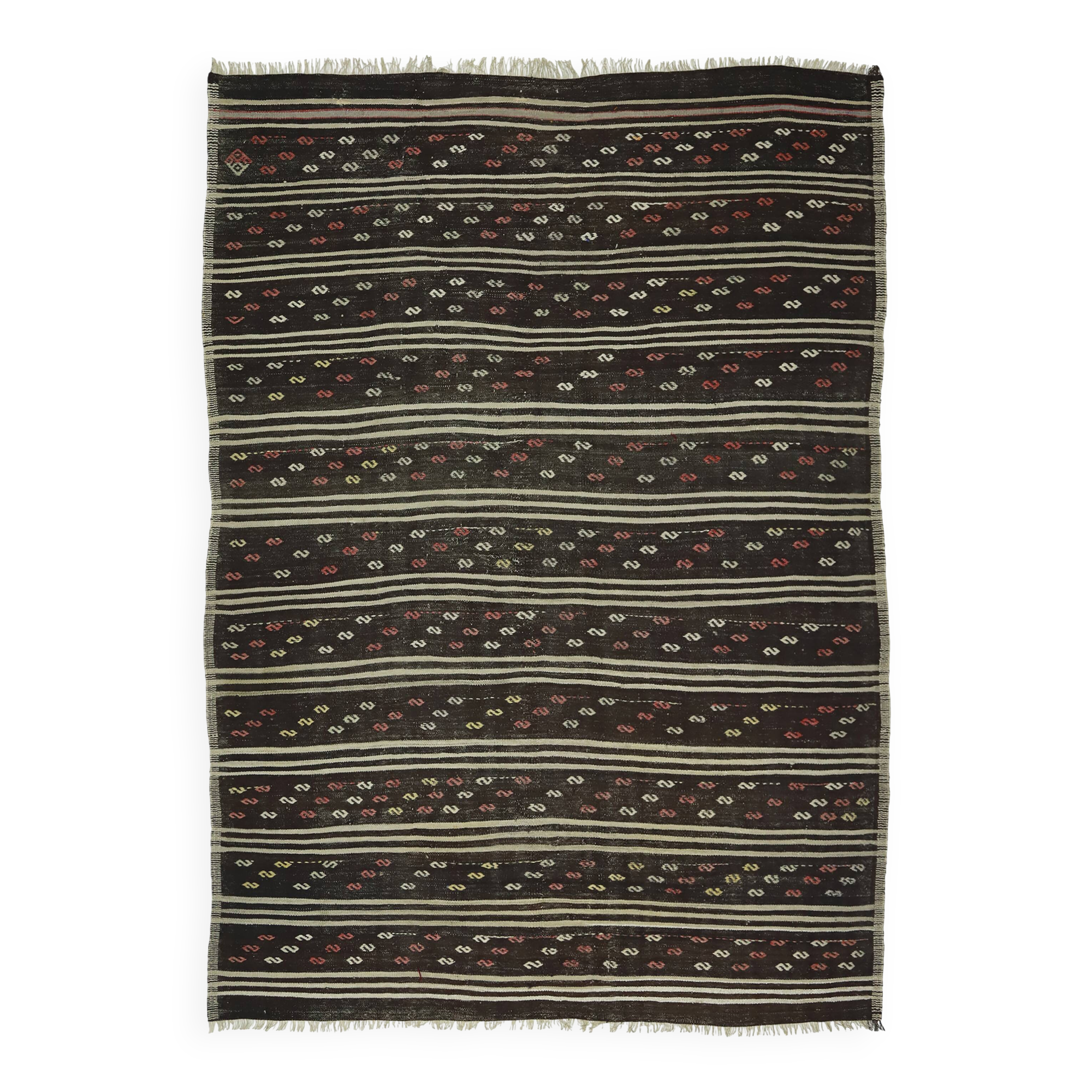 Tapis Kilim Turc Vintage Rayé 190x263 cm Laine Fait Main