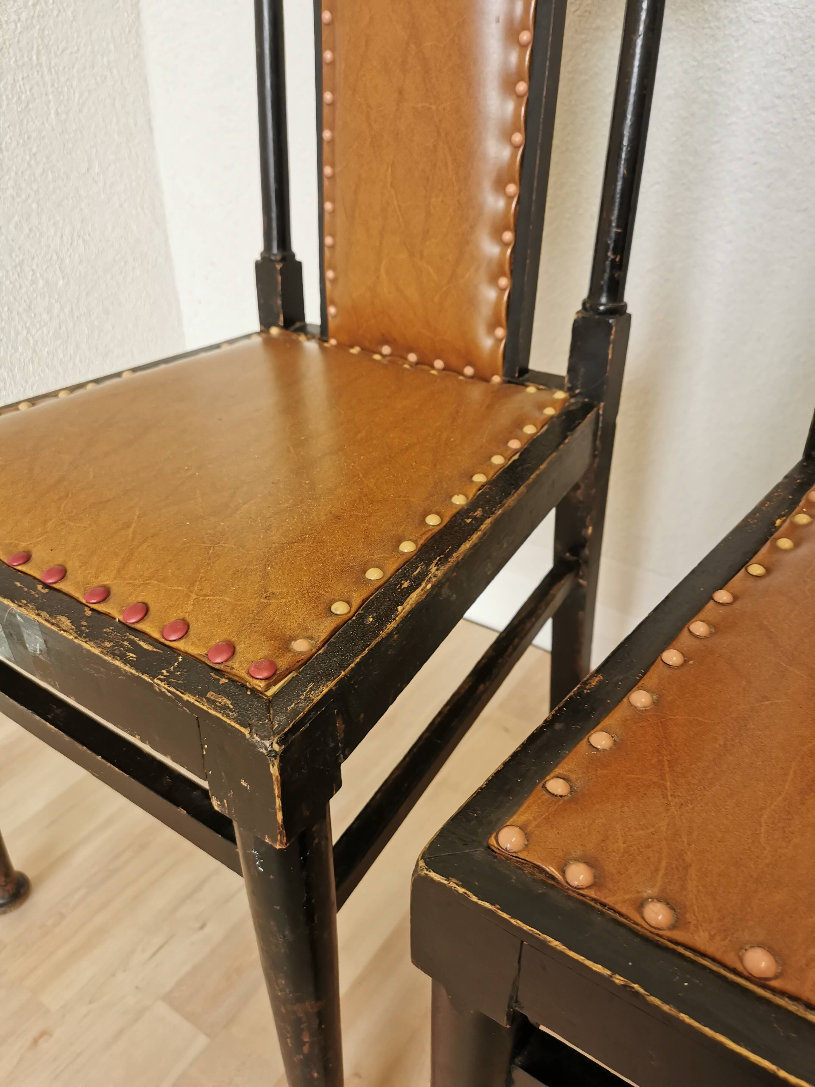 Set of 3 Vintage Dining Chairs: High Back, Leather Seat, Nailhead Trim