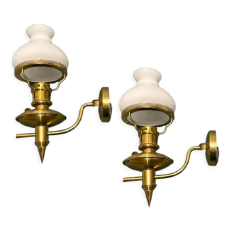 Vintage Brass Opaline Glass Sconces, 1960s, Set of 2