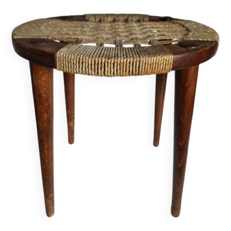 Vintage rope and wood stool, bedside table, old sofa end table