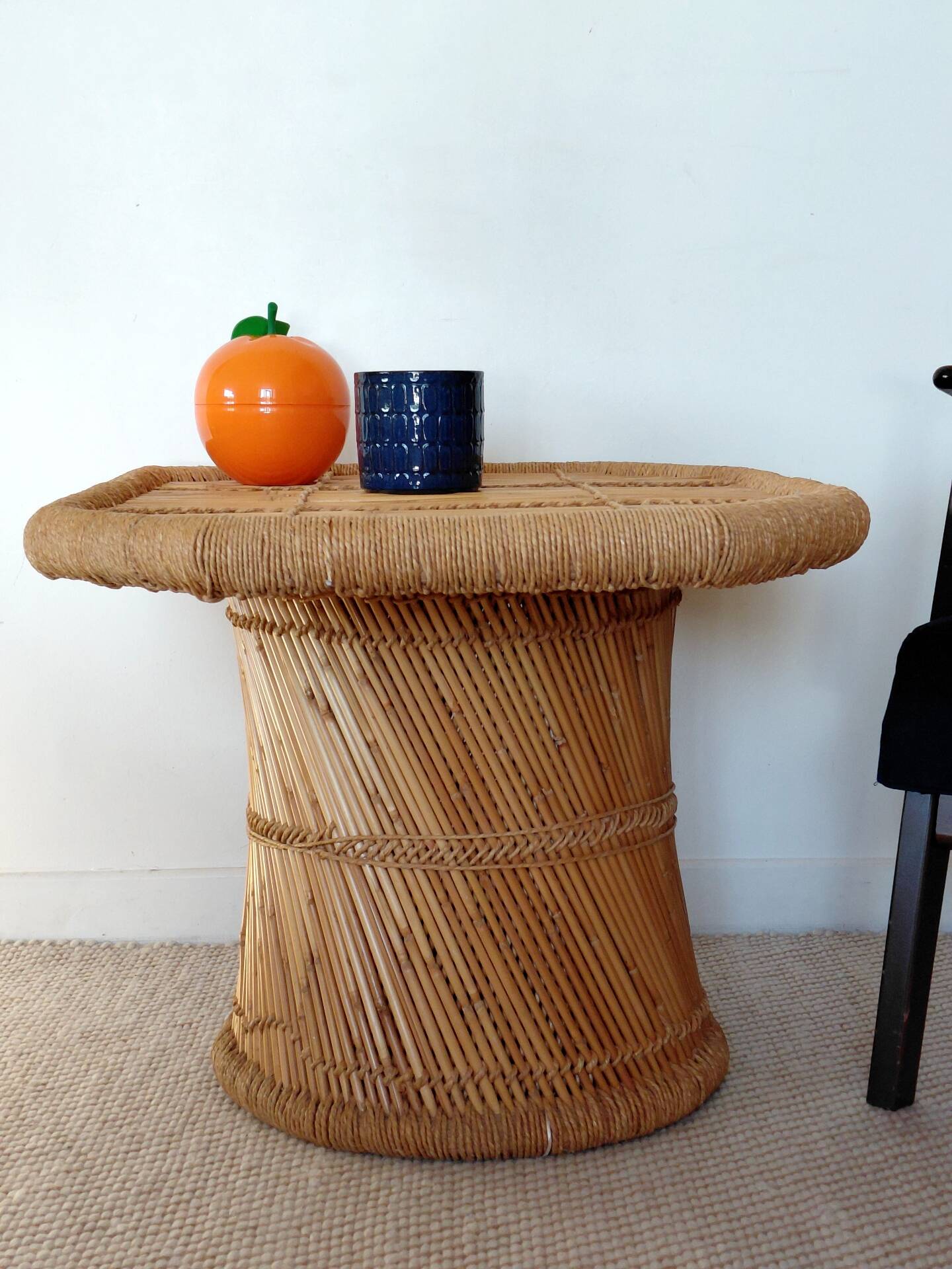 Vintage coffee table with braided cord in Audoux Minet bamboo style/1970s