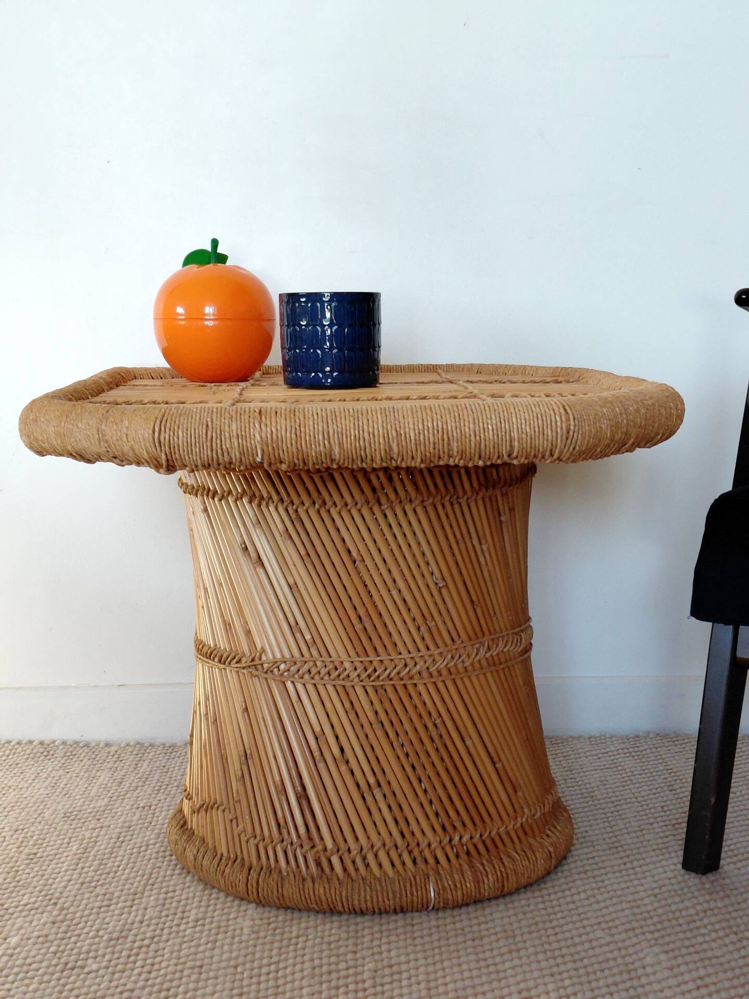 Vintage coffee table with woven rope in bamboo style Audoux Minet/1970s