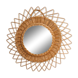 Large vintage mirror, round with wicker frame