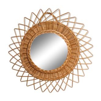 Large vintage mirror, round with wicker frame