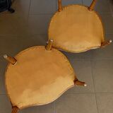 Pair of Louis XVI style armchairs in walnut and pink silk and ecru
