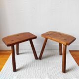 Pair of brutalist tripod stools in solid wood.