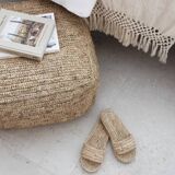 Square floor cushion pouf in natural bohemian jute raffia