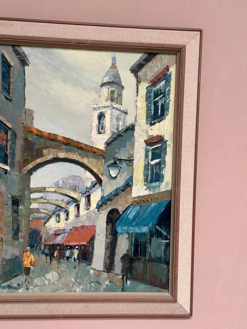 Original Swedish Oil on Canvas –“Market Alley” by B. Komino – Signed – Vintage & Framed –57 × 61 cm
