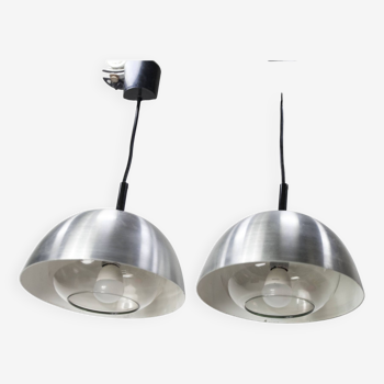 Pair of aluminum and glass pendant lights 1960