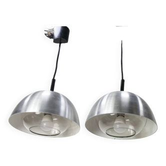 Pair of aluminum and glass pendant lights 1960