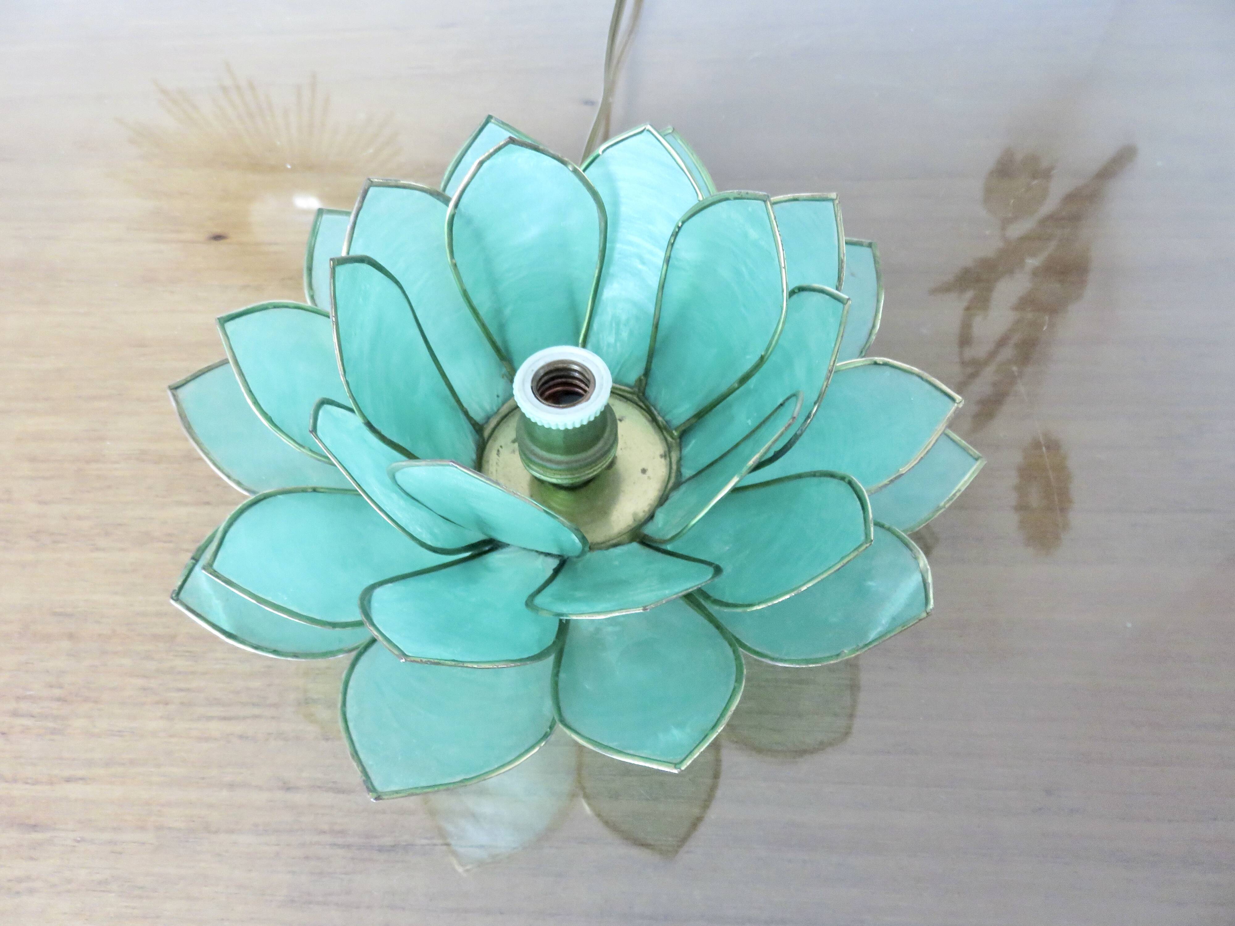 Capiz green mother-of-pearl and brass flower lamp, 1970s