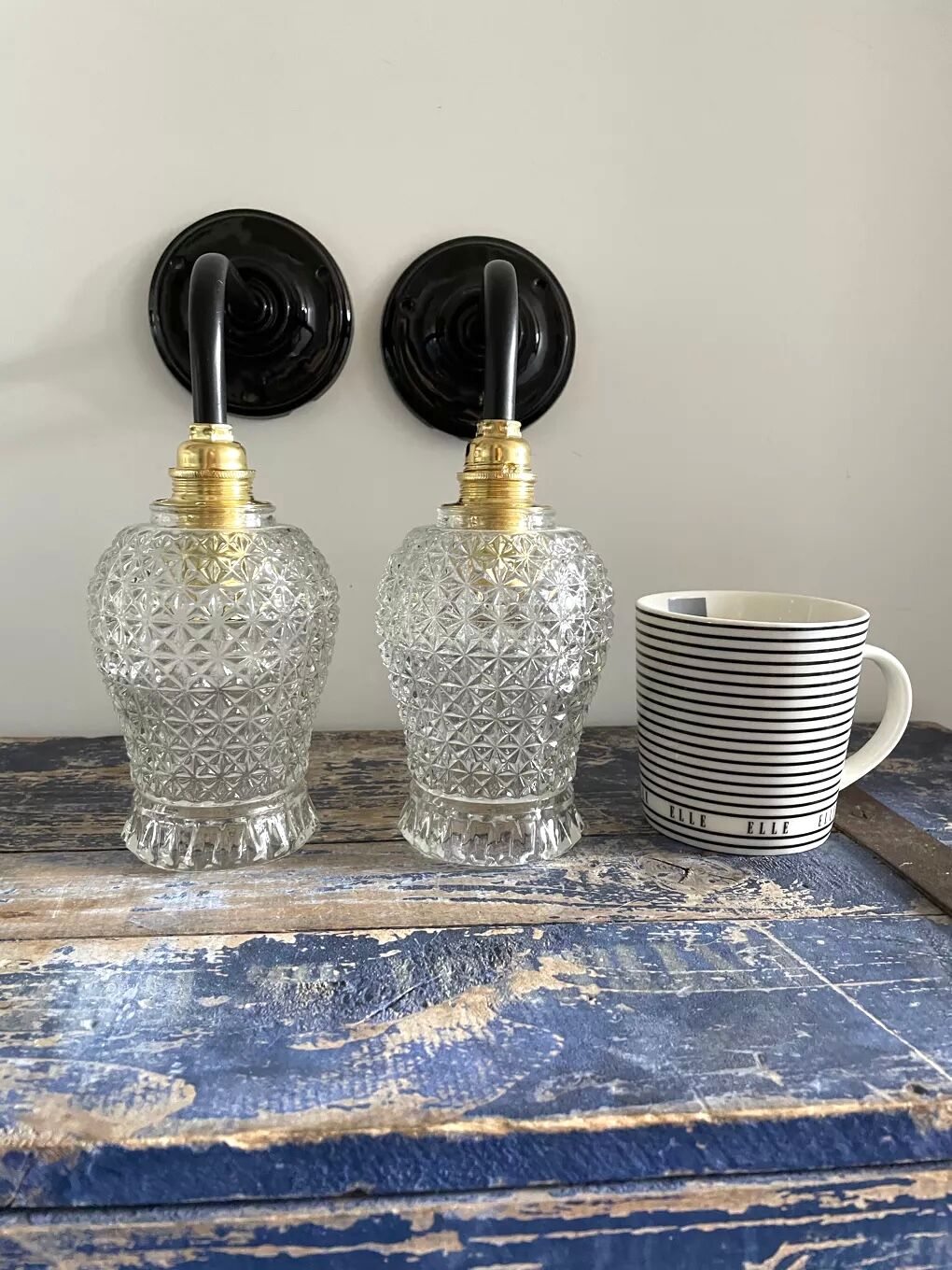 Pair of vintage electrified glass wall lamps