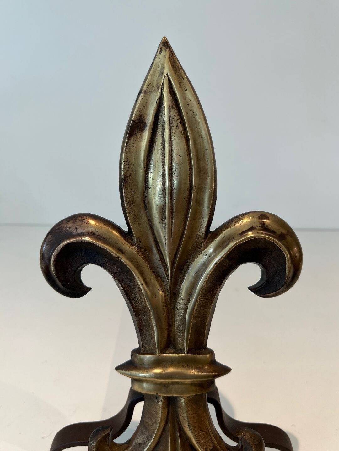 Pair of Bronze and Wrought Iron Chenets with Fleur-de-Lys Supports. France.