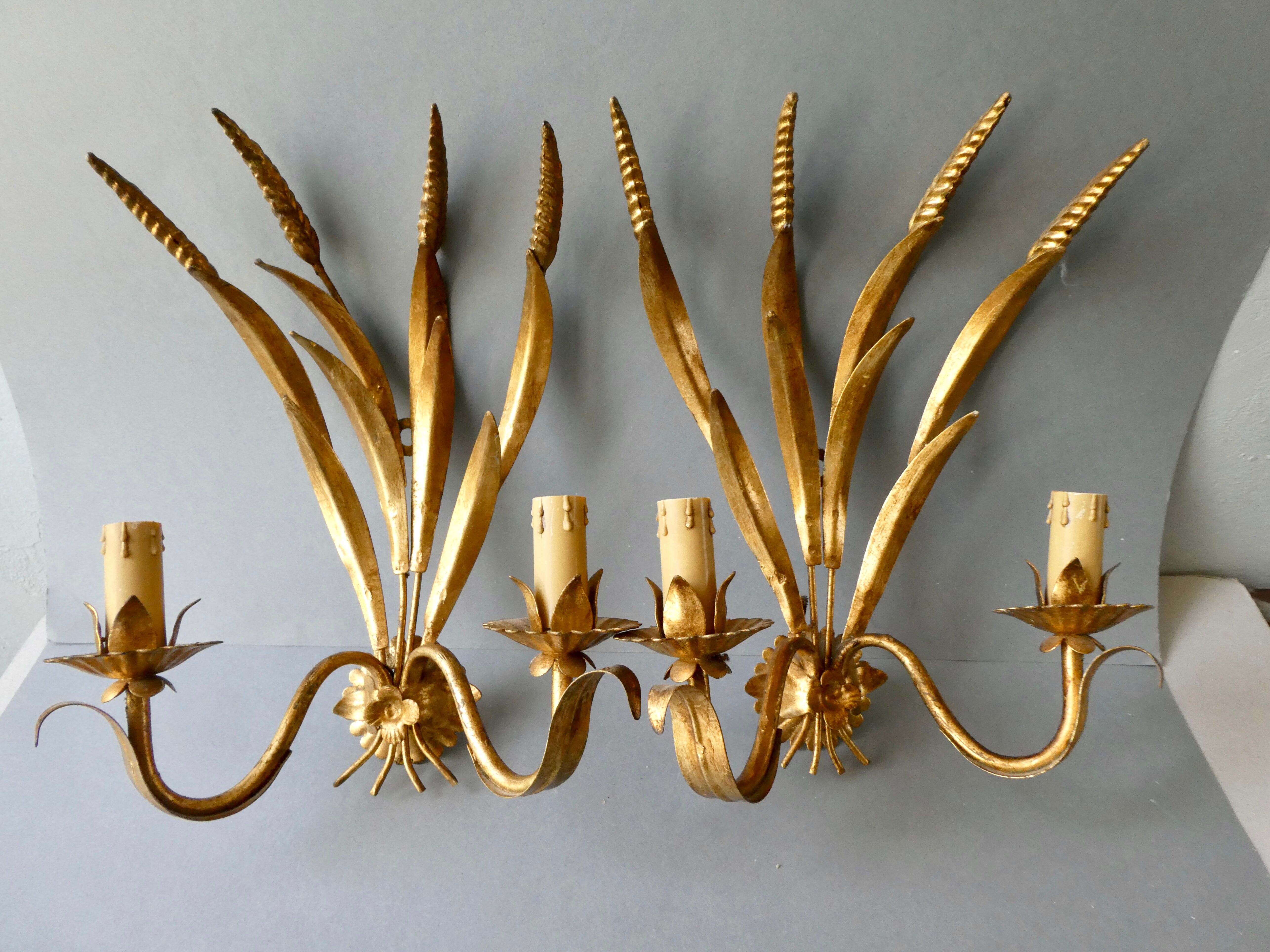 Pair of gold metal wheat ear sconces, 70s-80s