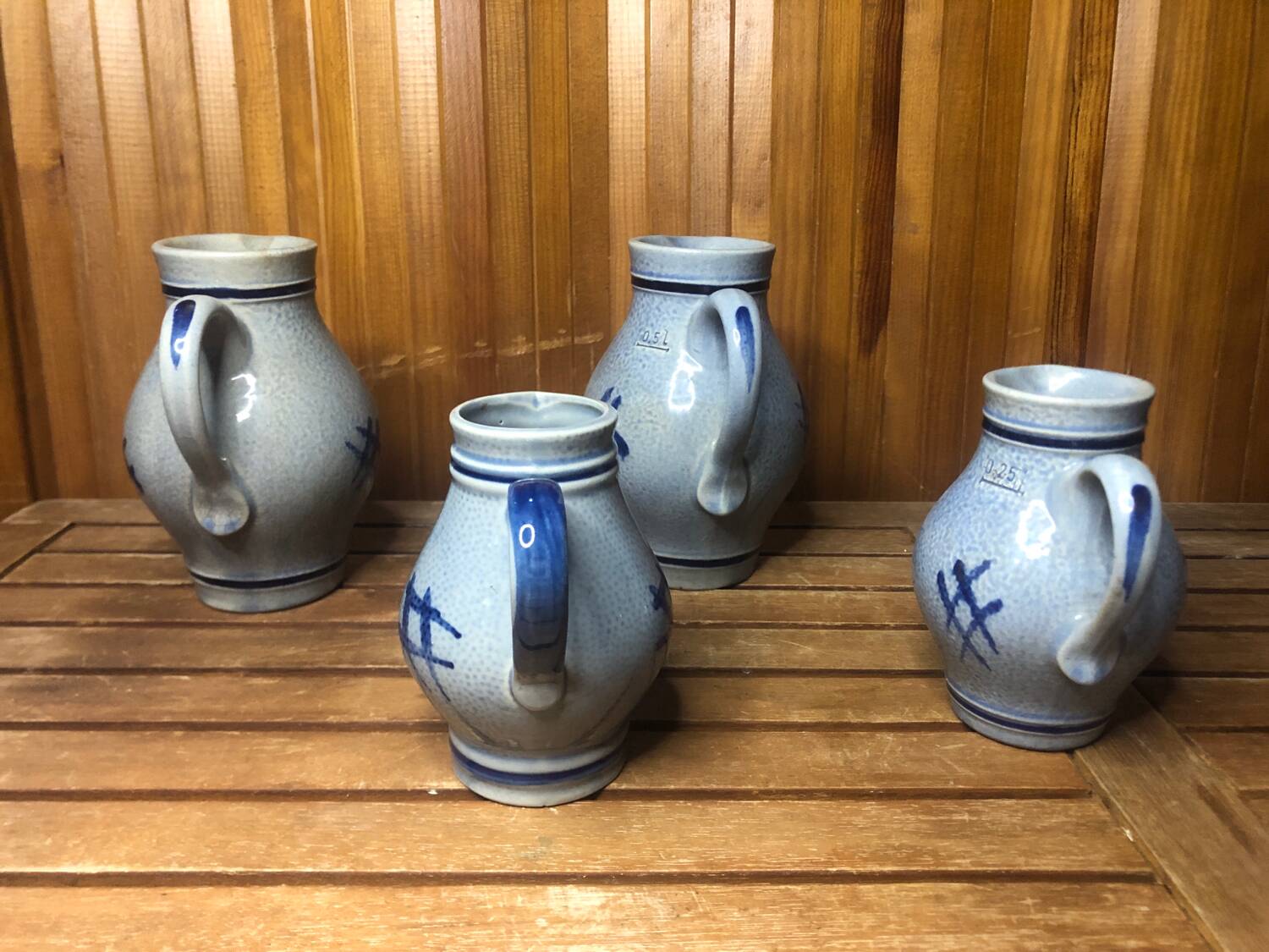 Set of 4 blue ceramic pitchers 25 & 50cl vintage