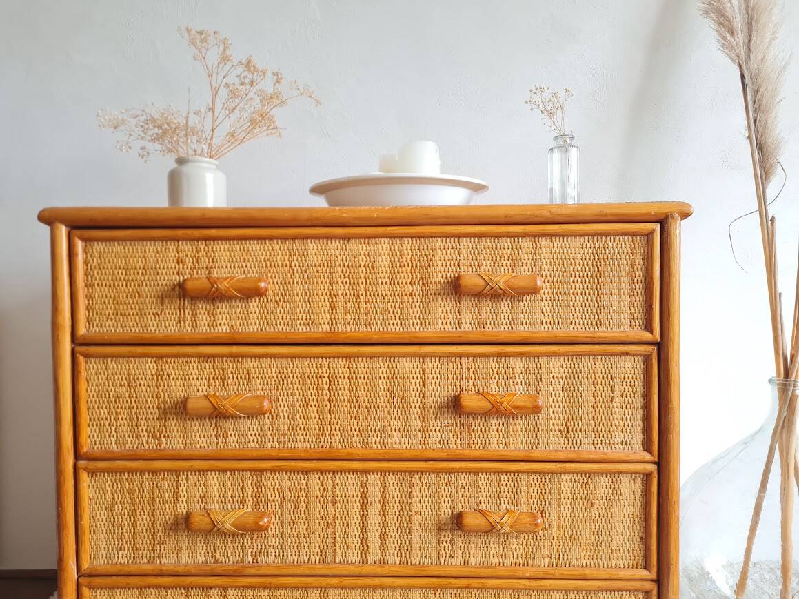 Vintage rattan chest of drawers circa 70s