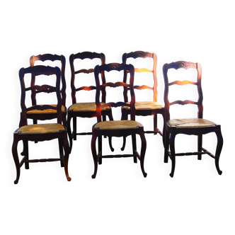 Lot de 6 Chaises Vintage en Bois Massif & Assise Paille - Style Louis XV