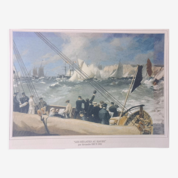 Lithograph << The Regattas at Le Havre >> Alexandre Brun 1882