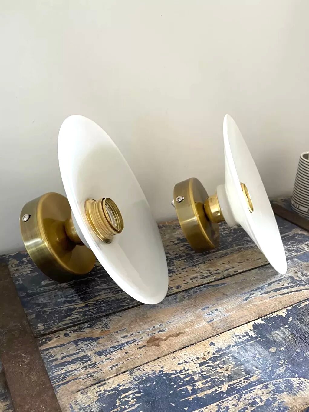 Set of two electrified white opaline wall lamps to nine