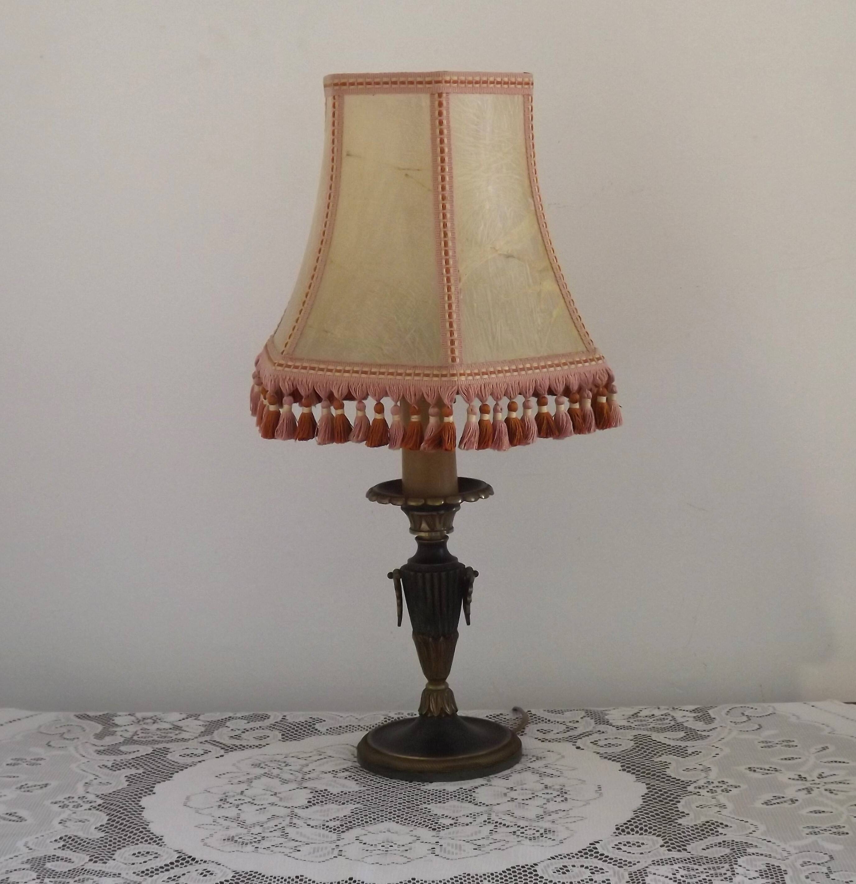 French Empire Style Green & Gold Brass Candlestick Table Lamp & Hide Shade