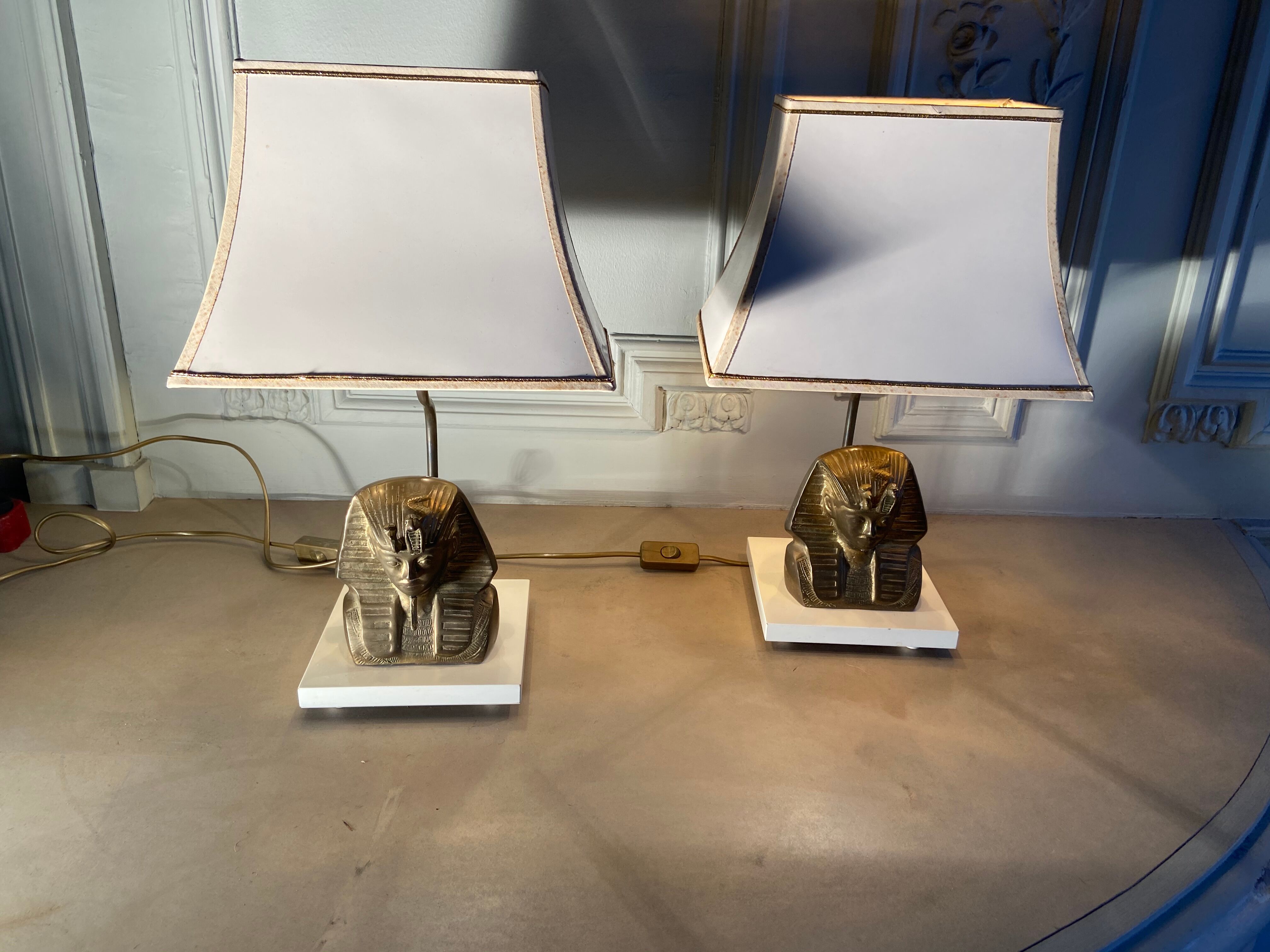 Pair of vintage gilded bronze lamps, pharaoh's face, 1970