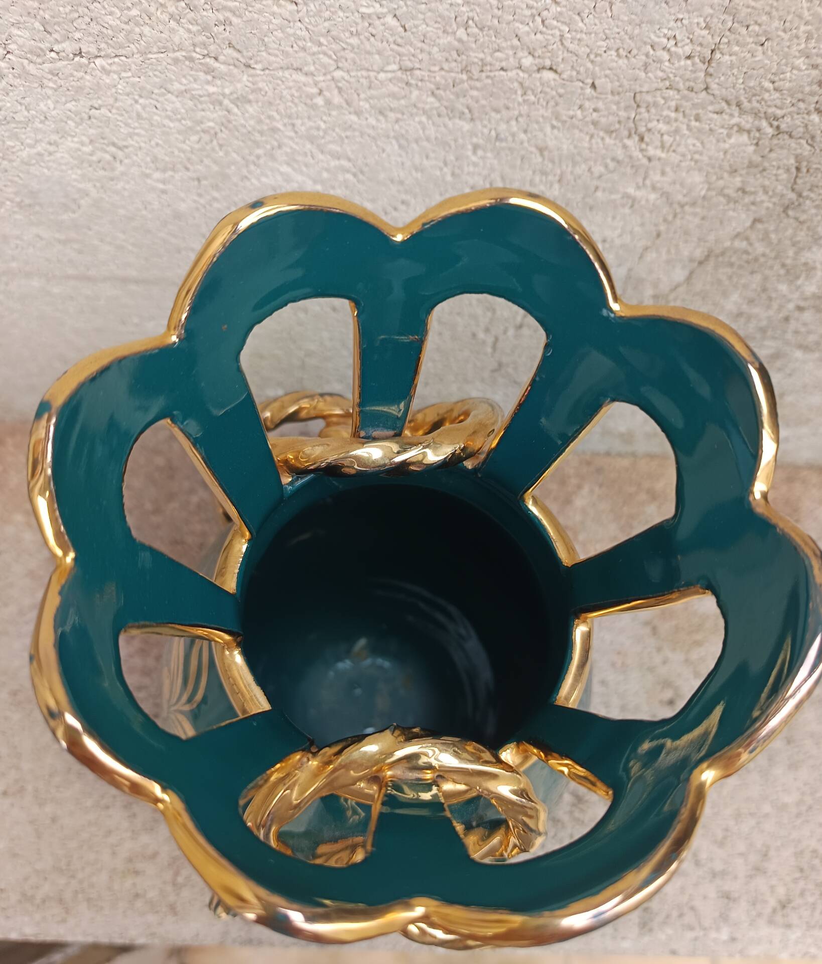 Italian lilac crown vase 26cm - emerald green & gold - vintage 60s year
