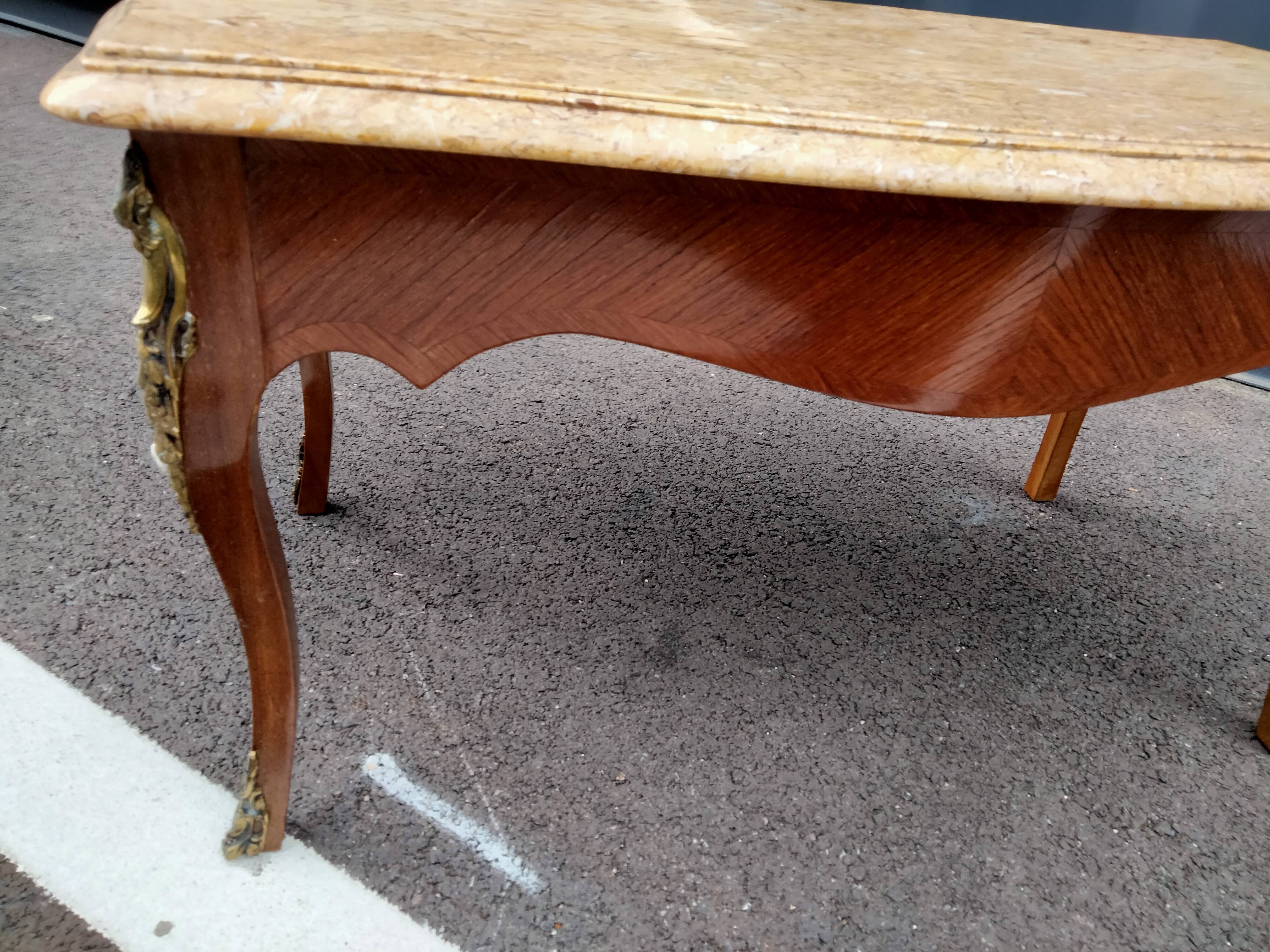 Old coffee table marquetry style louis xv marble top