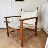 Safari armchair in wood and beige fabric