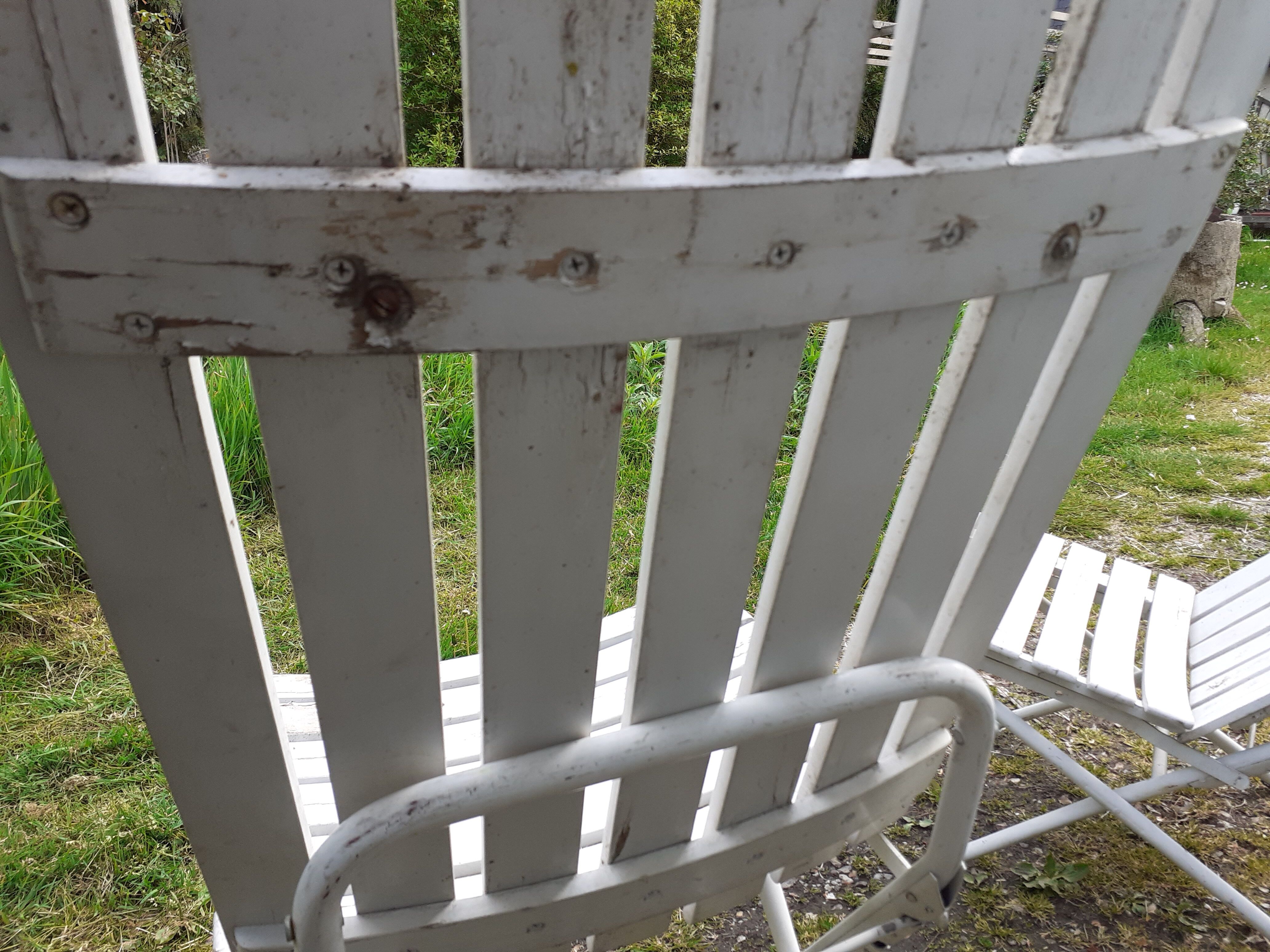Pair of iron and old wood garden chairs