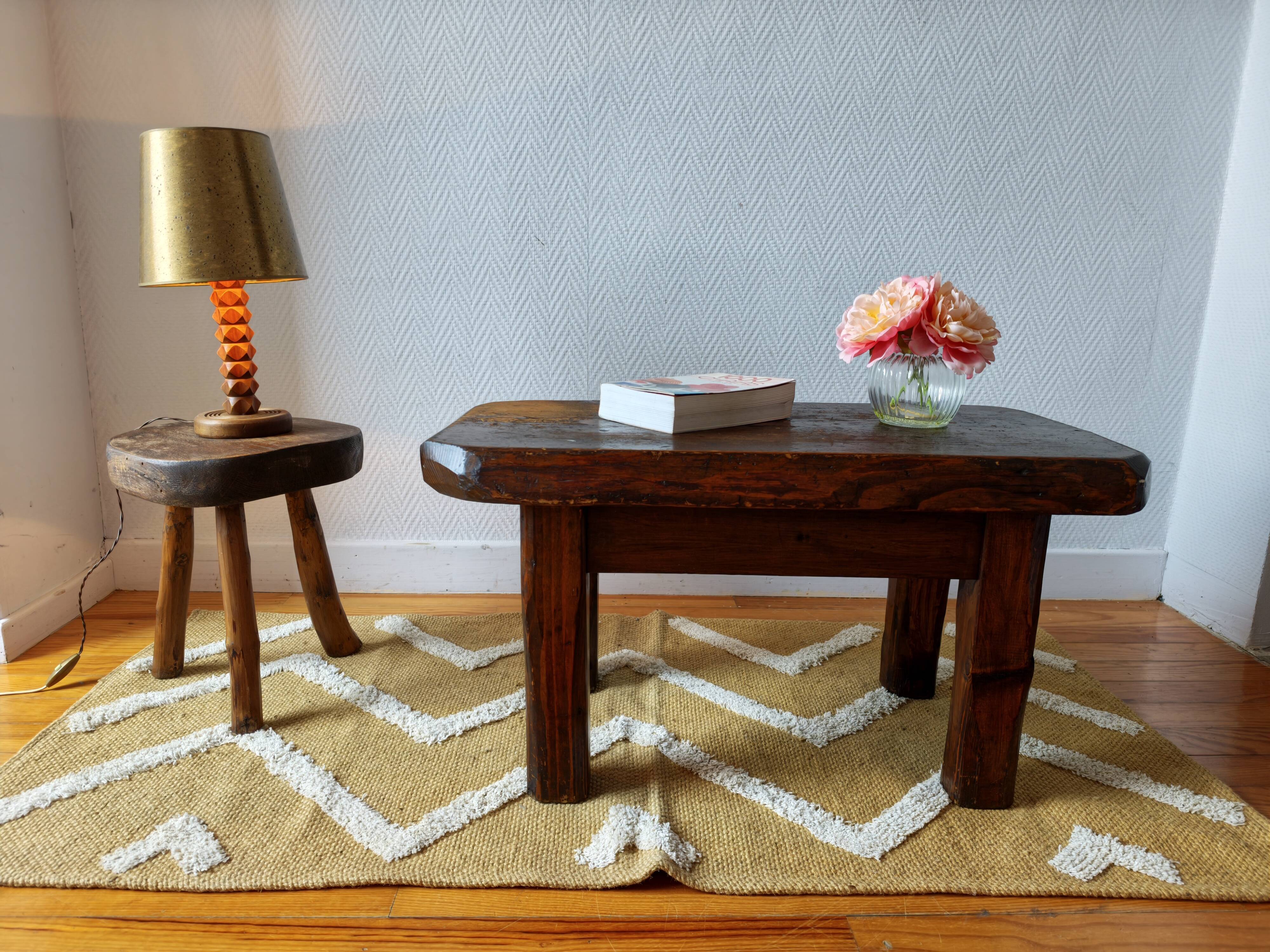 Brutalist coffee table made of solid wood – Handcrafted – 1960s-70s