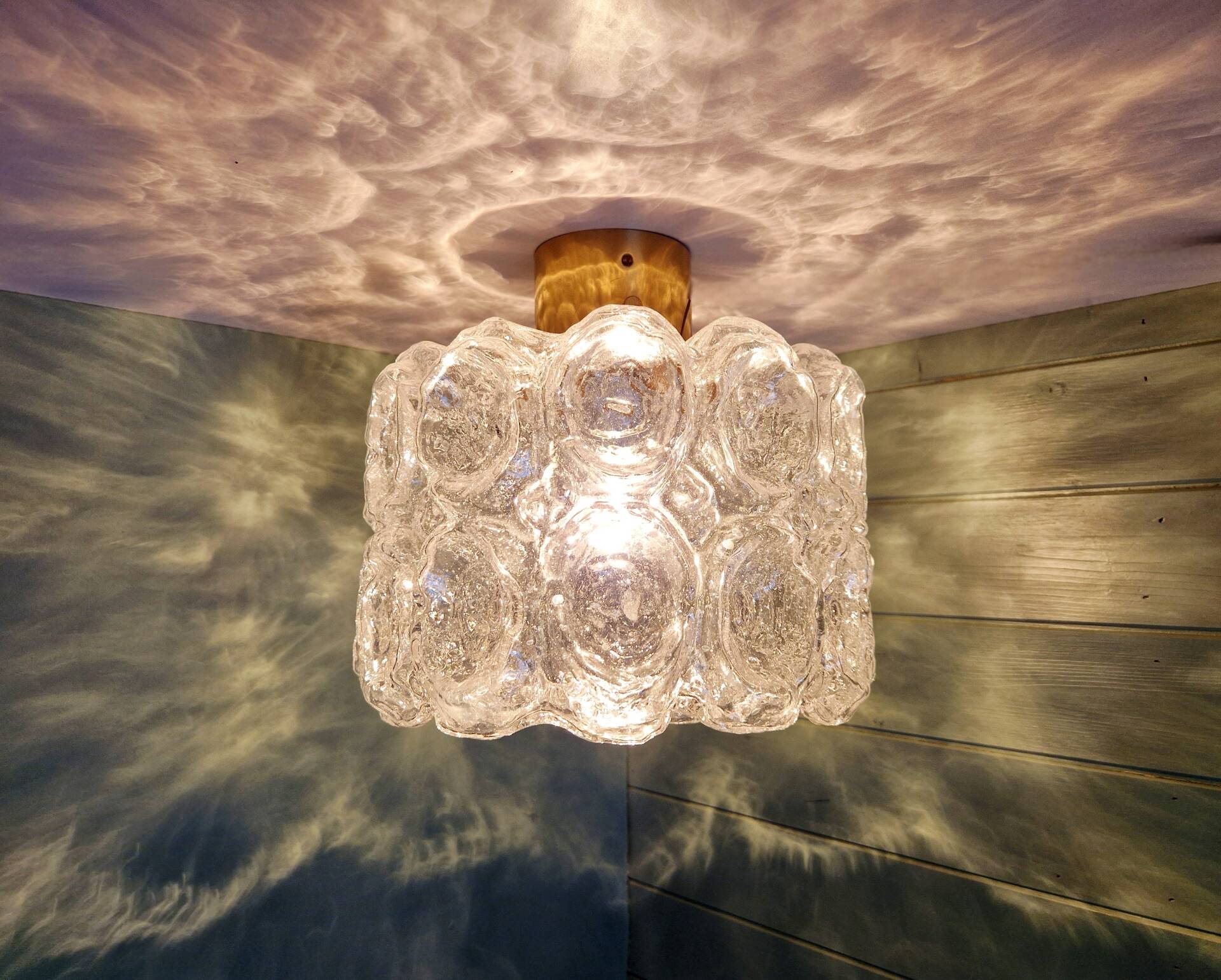 Brass and textured transparent glass ceiling light, Limburg, 1970