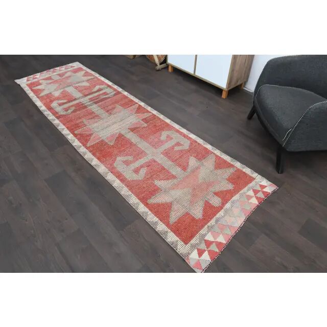 1970s Turkish Oushak Handmade Wool Cotton Red Runner Rug 90x304
