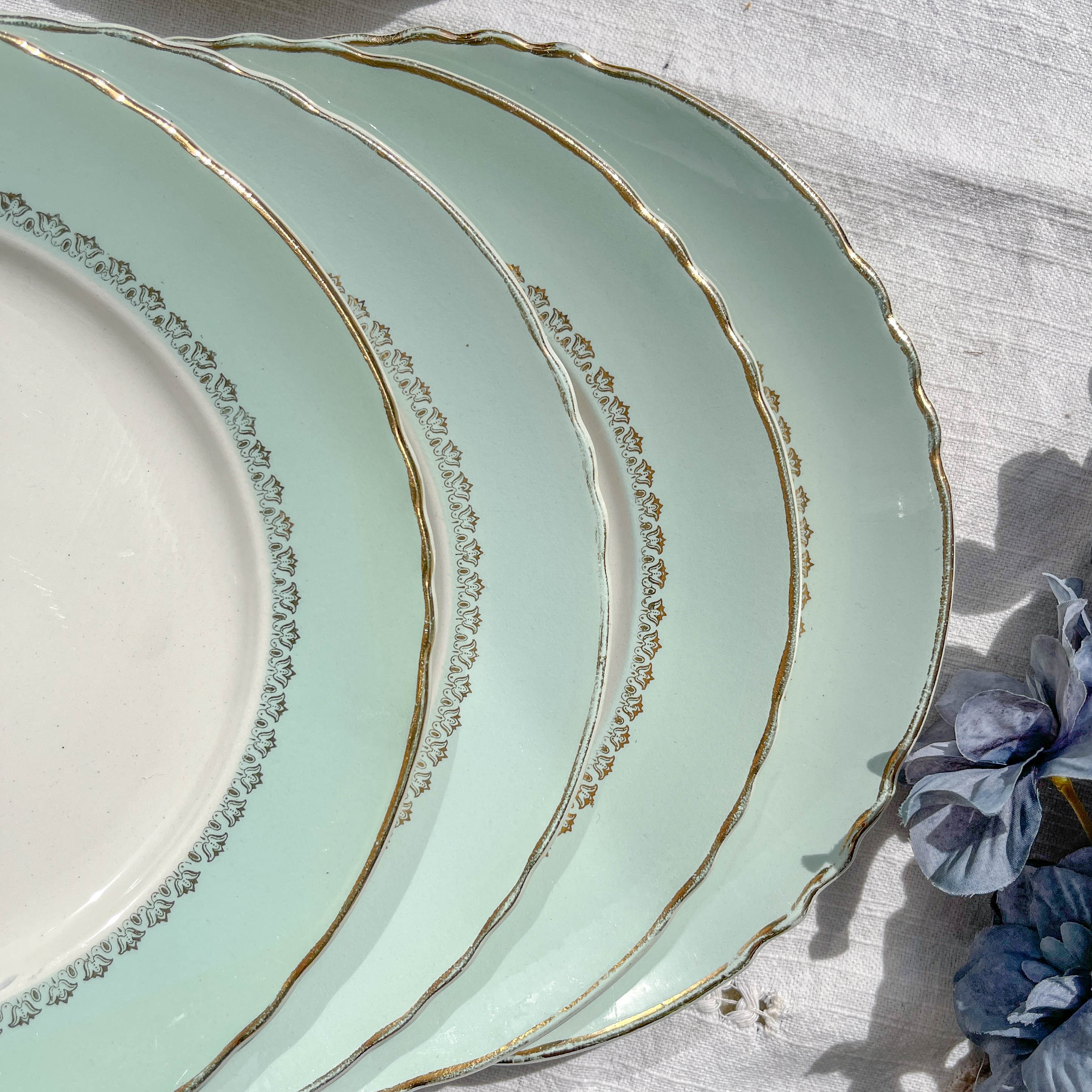 6 vintage white and green porcelain dinner plates Iris Moulin des Loups "Sargosse" 1950s