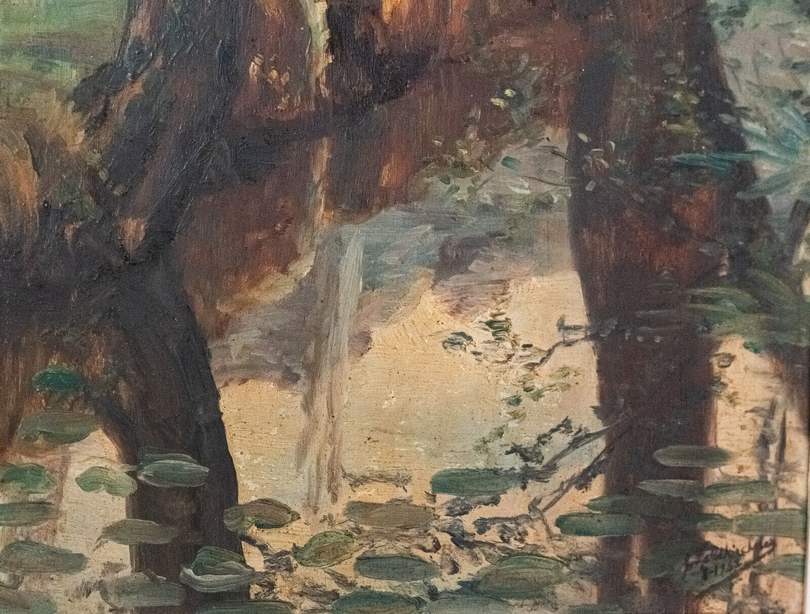 Oil on panel by Feldkricher 1942 undergrowth and river XXth