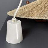 Large Mid-Century Teak and Sisal Cord Hanging Pendant by Temde Leuchten,60s