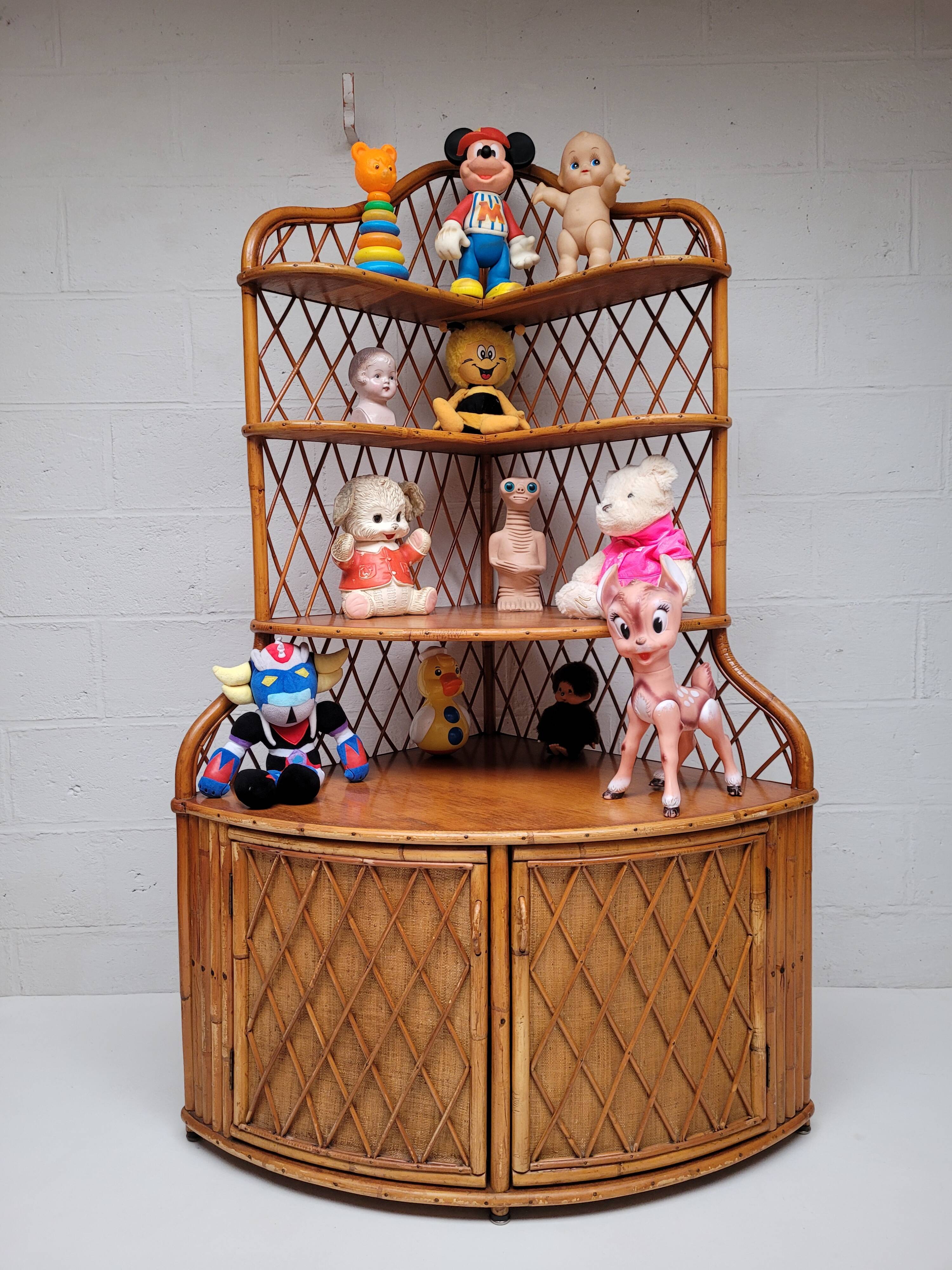 1960s vintage corner rattan bookshelf