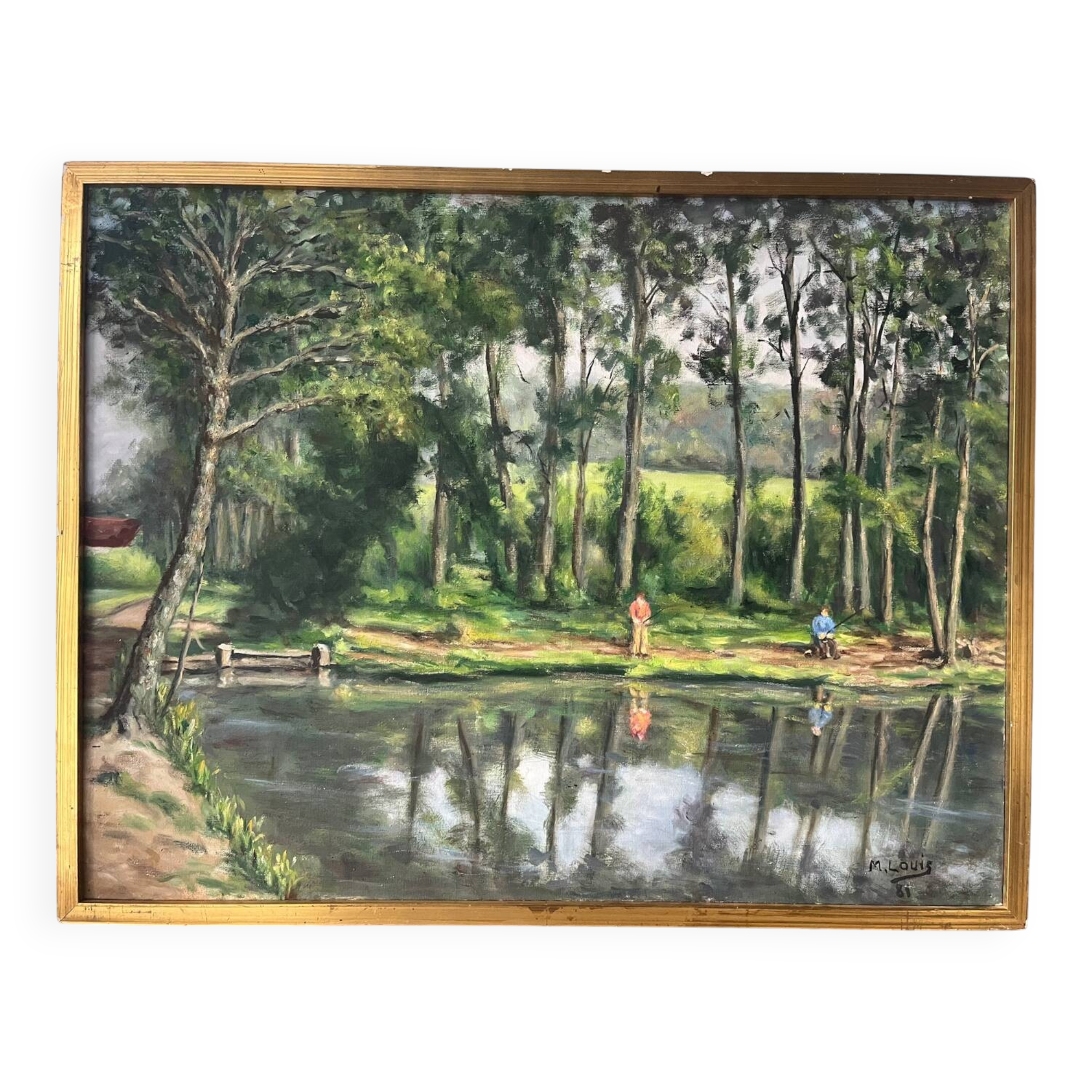 Fishermen at Brochard Pond, signed M. Louis, 1981