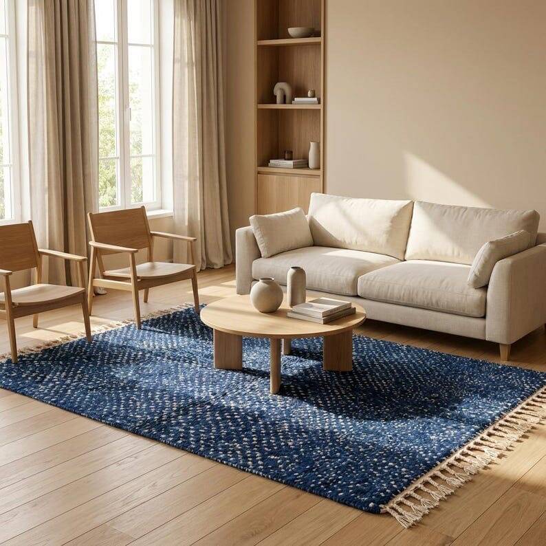 Large traditional handmade pure wool Berber rug 3/4 m
