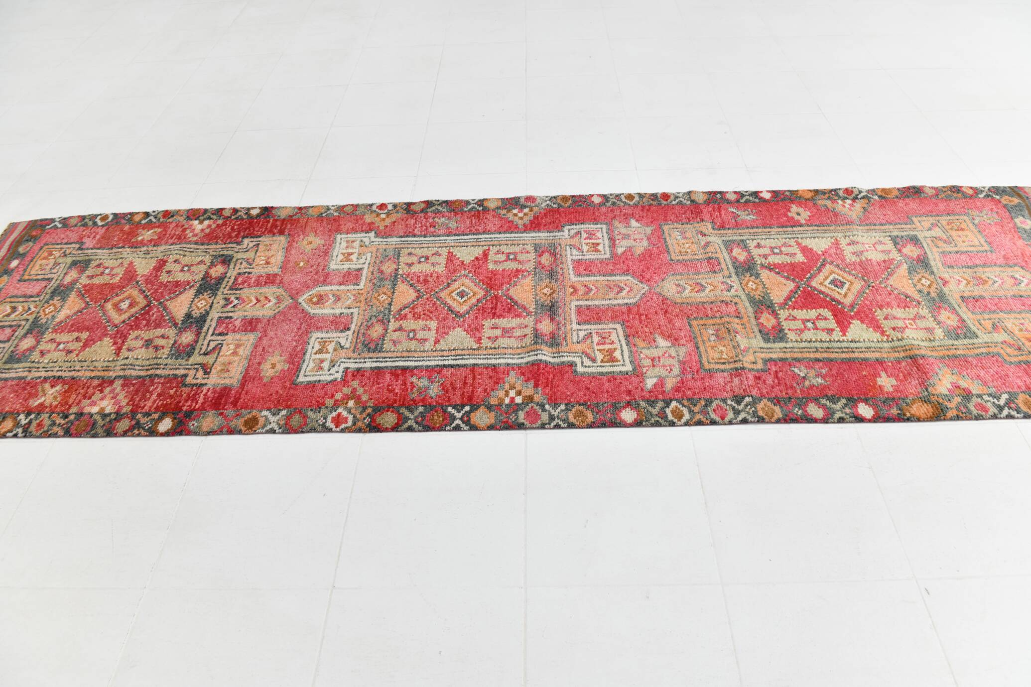 4x12 Vintage Long Wide Vintage Runner, Soft Red Wool Runner Rug, 104x363Cm